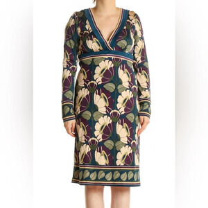 TRINA TURK BLUE PLUM NUDE GREEN FLORAL A-LINE SILK MIDI DRESS SIZE 4